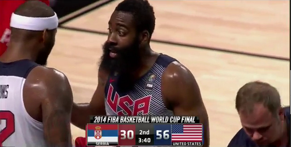 NBA's tweet photo. Harden's 3 makes @USABasketball 9/13 from deep for 56-30 lead, late 1st half on ESPN2 vs SERBIA in @FIBA Final. http://t.co/JzEYfcI6Fk