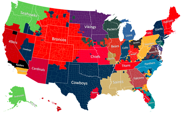 Thematic map showing the favorite NFL team for every US county. (Every WI county seems to love the Packers.) #uwcart