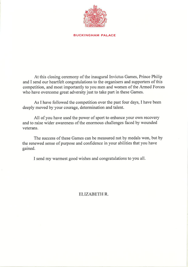 RoyalFamily's tweet photo. The Queen has sent a message to competitors in the #InvictusGames as they draw to a close #IAM http://t.co/BNhHGDoAcK