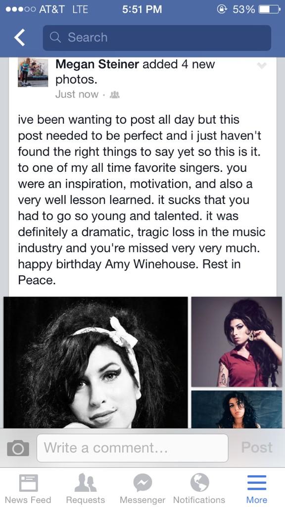 Since message has limited characters happy birthday Amy Winehouse. Youre a huge inspiration we all love and miss you 