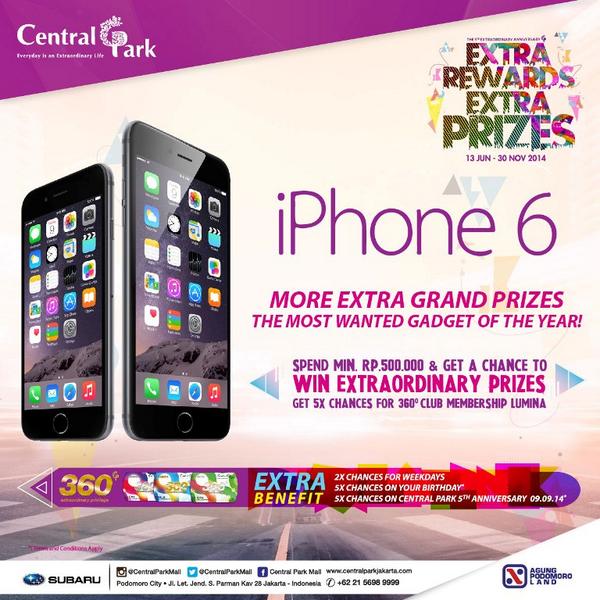 CentralParkMall's tweet photo. More EXTRA GRAND PRIZES for Central Park #EXTRAREWARDSEXTRAPRIZES - The most wanted gadget of the year, #IPHONE6! http://t.co/YvAF0voae9