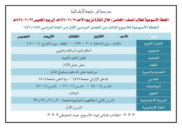 k4261901's tweet photo. الخطة الأسبوعية للأسبوع الثالث من الفصل الأول للفترة 19 / 11 / 1435 إلى  23 / 11 / 1435 للصف الخامس الابتدائي http://t.co/ATsaRhyAyl