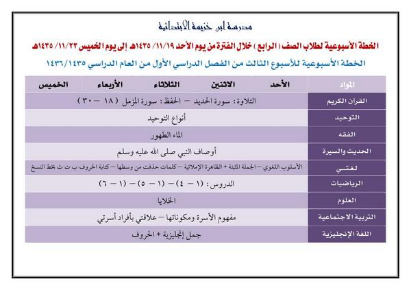 k4261901's tweet photo. الخطة الأسبوعية للأسبوع الثالث من الفصل الأول للفترة 19 / 11 / 1435 إلى  23 / 11 / 1435 للصف الرابع الابتدائي http://t.co/DMSbRNYq58
