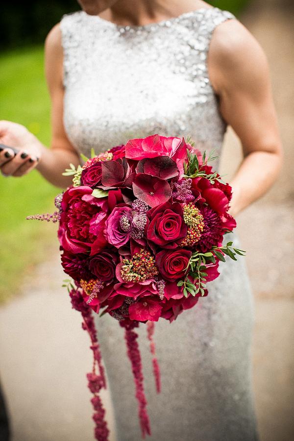 Bold bright bouquet by <a href="/RubyandGrace1/">Ruby & Grace</a> &amp; amazing <a href="/TheJennyPackham/">Jenny Packham</a> silver sequin dress @ lvmyd.rs/1tUWqEx