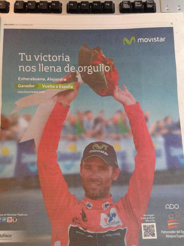 Edu Polo (@edupolo) on Twitter photo Hola <a href="/movistar_es/">Movistar España</a> muy bonito el anuncio, pero diría que el ganador ha sido Contador, no Valverde... Hola <a href="/movistar_es/">Movistar España</a> muy bonito el anuncio, pero diría que el ganador ha sido Contador, no Valverde...