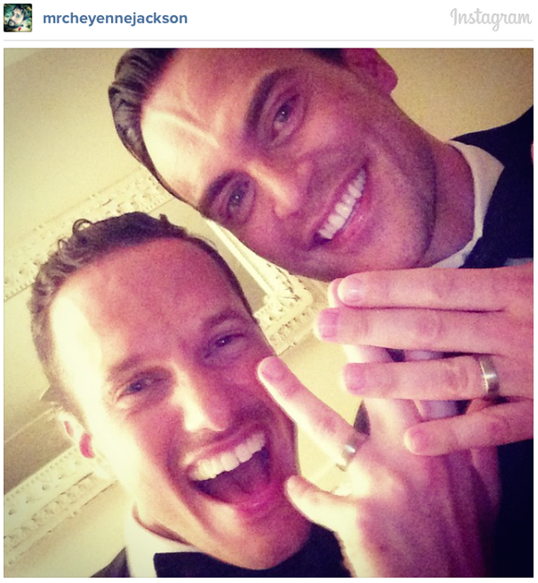 NOH8Campaign's tweet photo. Congratulations to newlyweds Cheyenne Jackson (#Glee, #30Rock) &amp; Jason Landau! #MarriageEquality #NOH8 http://t.co/xVrtvHDVrO