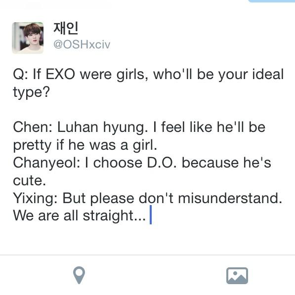 OSHXCIV's tweet photo. #TLPinINA Broadcast

Q: If EXO were girls, who will you choose as your ideal type?   (v.Imma unnie~^^) http://t.co/EKHGMdQv2G