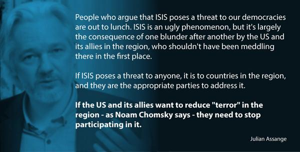 wikileaks's tweet image. "People who argue that #ISIS poses a threat to our democracies are out to lunch." #Assange: storify.com/m_cetera/reddi…