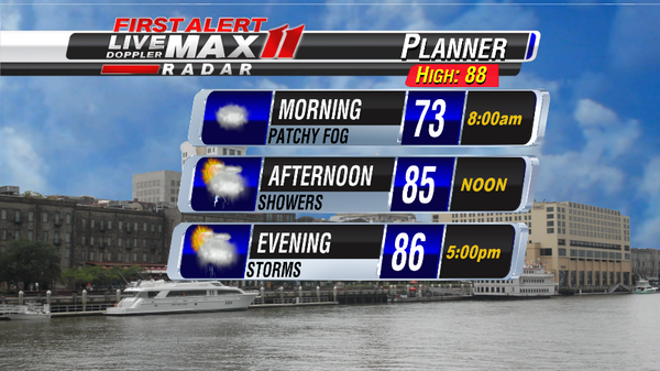 Areas of fog.  Showers and storms this afternoon-rain may be heavy.  FLASH FLOOD WATCH through the evening. High 88.