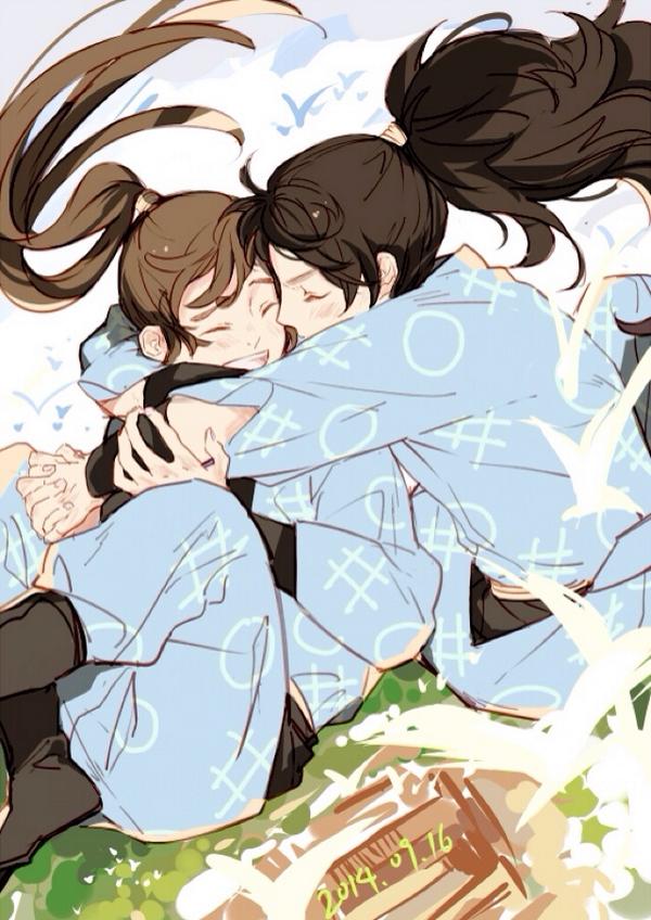 ponytail closed eyes hug long hair brown hair smile black hair  illustration images