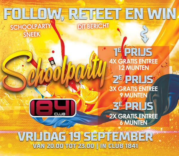 Schoolparty1841's tweet photo. Wil jij gratis entree &amp; muntjes winnen voor de schoolparty op 19 sept?
Volg &amp; RT en maak kans op 1 van de 3 prijzen! http://t.co/K1tsVshJ9a