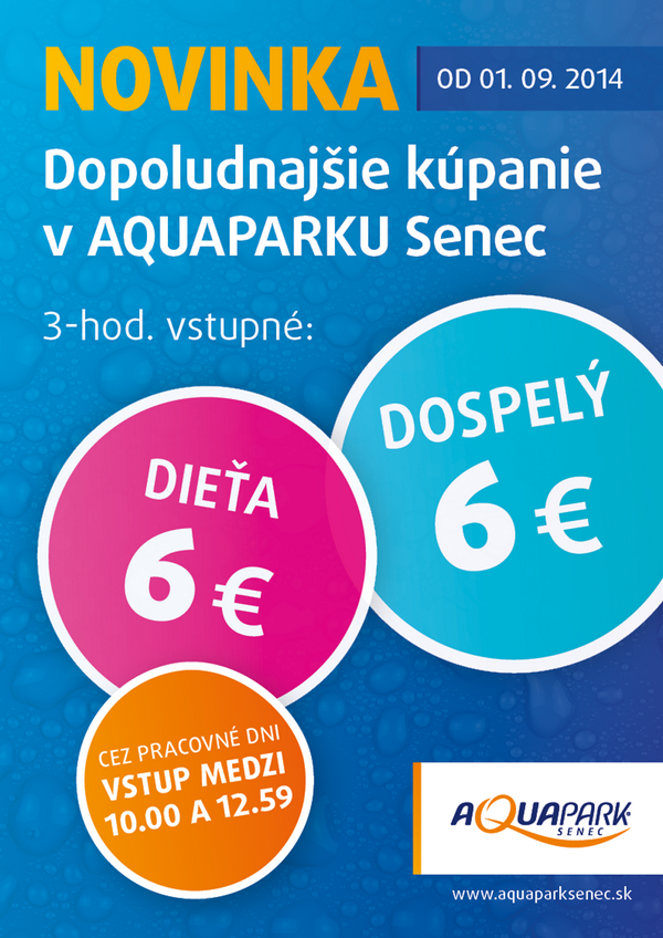 Nuda doma? U nás DOPOLUDŇAJŠIE KÚPANIE, každý pracovný deň pri vstupe od 10:00 do 12:59hod.