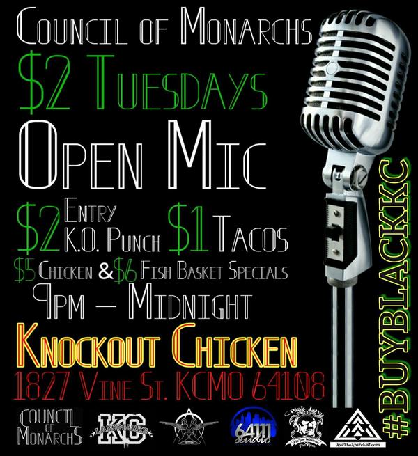 MonarchsCouncil's tweet photo. $2 Tuesdays #OpenMic #Tonight at #KnockoutChicken
(1827 Vine St. KCMO 64108) http://t.co/ERvF5PVVNR