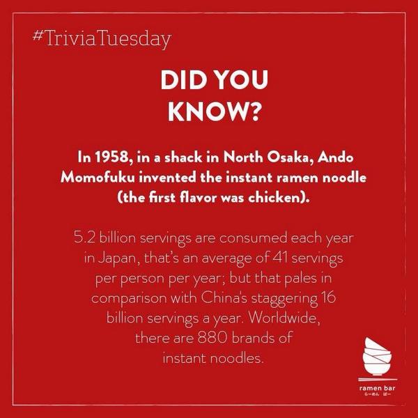 RamenBar's tweet photo. Some interesting facts about instant ramen for this week's #TriviaTuesday. http://t.co/T6qd3d4ecc