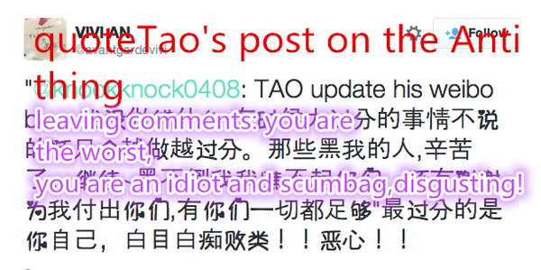 enoughwiththe's tweet photo. #TAO #타오 #黄子韬 #タオ  This lady  is spreading rumors and hates on Tao. No argue or fight,report her anti post together http://t.co/eaGAakhs9V
