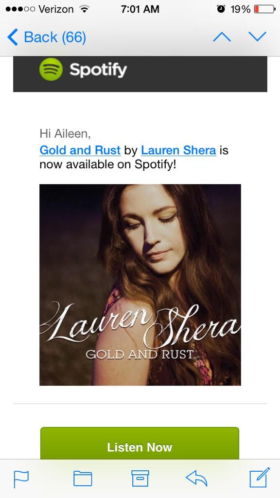 aileencrow's tweet photo. #NewMusicTuesdays - new album from @LaurenShera out today! Go listen on @Spotify #goldandrust http://t.co/ZGu2hi7Qlh