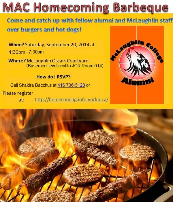 MAC_YorkUAlumni's tweet photo. This Saturday, Please join us for the McLaughlin BBQ! Come join alumni, staff and students for burgers and hotdogs! http://t.co/REDPWCcmOJ