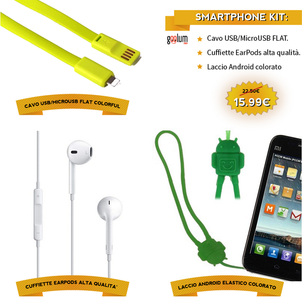 GoolumStore's tweet photo. Promozione: Kit Smartphone: Cuffiette EarPods + Cavo USB/Micro USB + Laccio Android Colorato! http://t.co/ju5yKNjmVr http://t.co/BeVXavGkMz