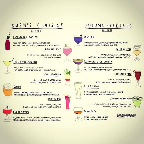 RubysDalston's tweet photo. Here it is! Our new menus featuring some well loved classics plus our Autumnal offerings. cc @livdomingos 🍸🍹✏️ http://t.co/h1P3NE99cm