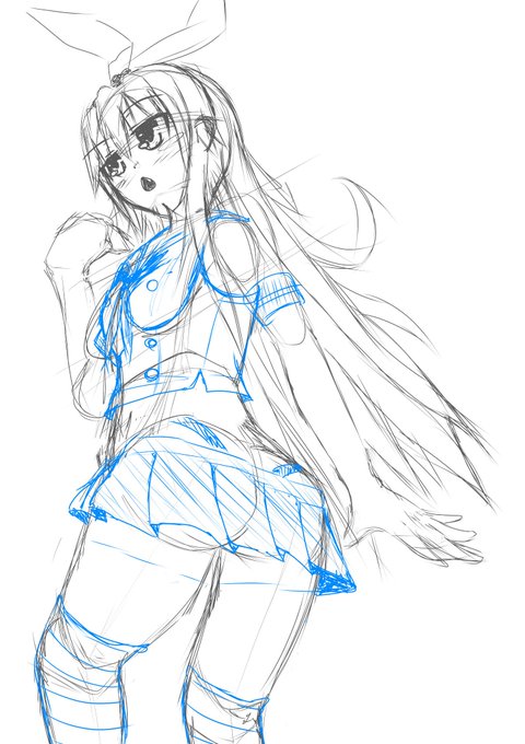 煽り構図で顔を可愛く描くのが中々難しい、アゴの処理をどうしたものか悩む
後は立体意識してひたすら描いてこう 