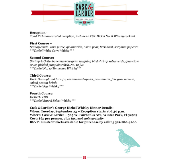 Renowned <a href="/Diageo_News/">Diageo News</a> whiskey ambassador <a href="/toddrichman/">Todd Richman</a> will be at Cask &amp; Larder Sept. 23 for the George Dickel Dinner!