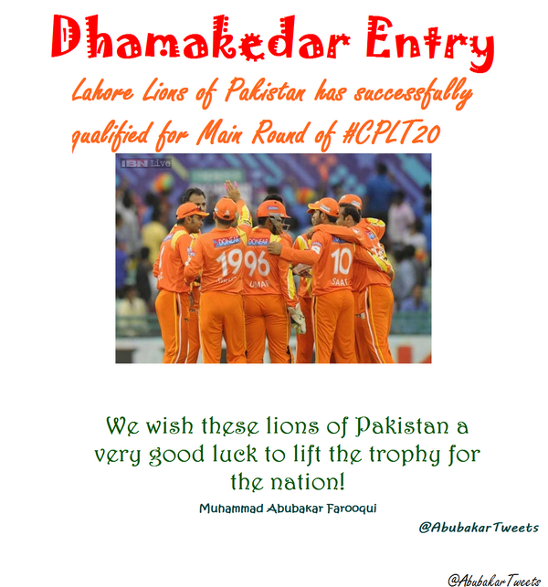 iAbubakarPK's tweet photo. #FamousQuotesWrittenOnShirts VIPs #WoBhiKyaDinThey #LLvSE #SEvsLIO
Congratulations Pakistan Lions! We are in! http://t.co/zkttfUSlSC
