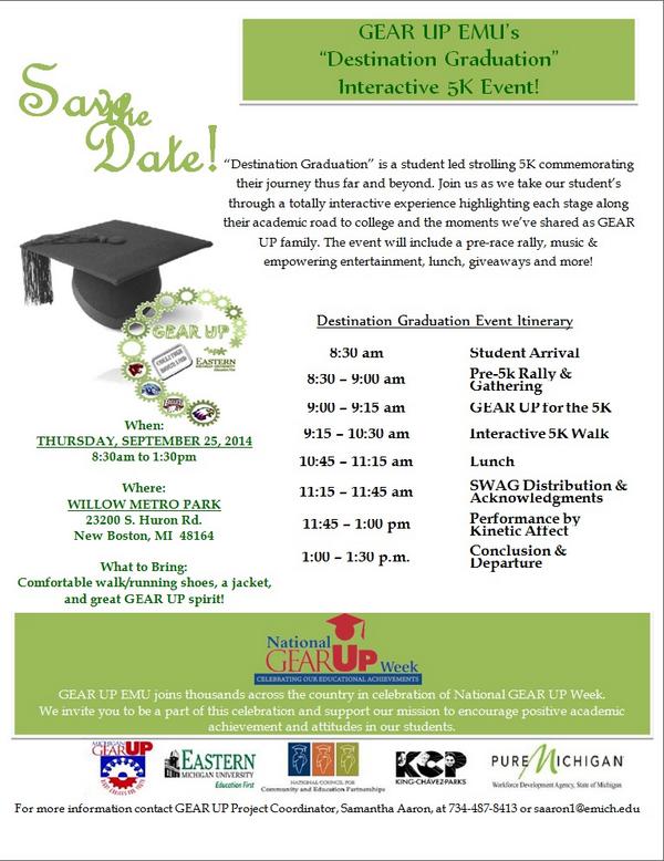 GEARUPEMU's tweet photo. Hey GEAR UP Students, Destination Graduation is 10 days away, check out this flyer for all the information you need! http://t.co/SQUXGq0njd