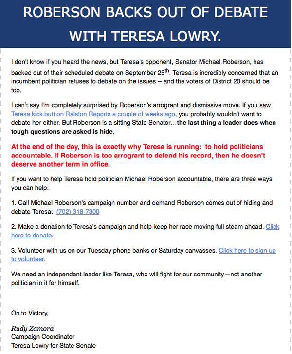 Teresa_Lowry's tweet photo. ICYMI: Teresa's campaign mgr sent out this email today. #UnlikeMike Teresa is willing to debate anytime, any place. http://t.co/QebHem7fLR