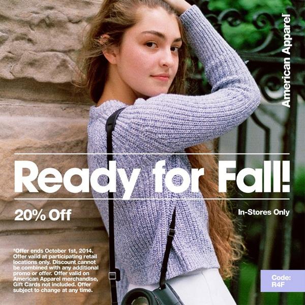 SceneStreet's tweet image. Get ready for fall with 20% off in-stores from American Apparel! shopaa.org/1ixYTPS