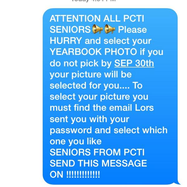 t___marieee's tweet photo. ATTENTION ALL PCTI SENIORS READ NOW !!!!!!!!!!!!! #RT http://t.co/1NeBLOyPv7