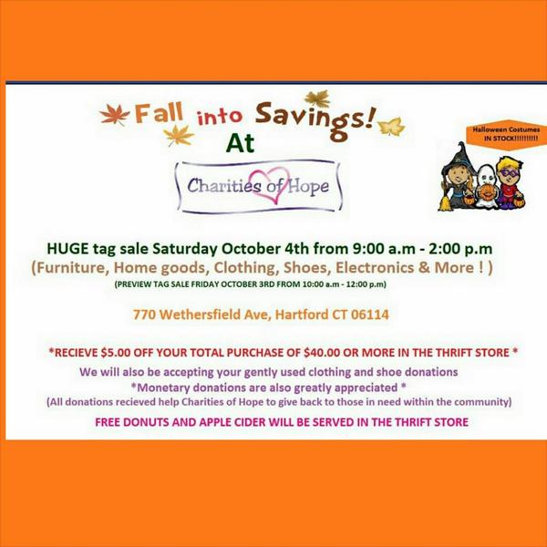 HUGE TAG SALE SATURDAY OCTOBER 4TH FROM 9AM UNTIL 2PM AT 770 WETHERSFIELD AVE HARTFORD CT 06114.