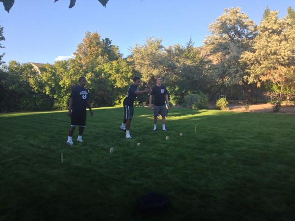 USUBasketball's tweet photo. In addition to eating some great food, we also played some horseshoes and kubb! #TeamBonding #AggieFamily http://t.co/JEY4TPGpkS