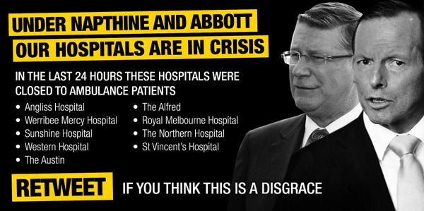 VictorianLabor's tweet image. Melbourne's hospitals are in crisis. Retweet if you think this is a disgrace! #SpringSt #SackDavidDavis