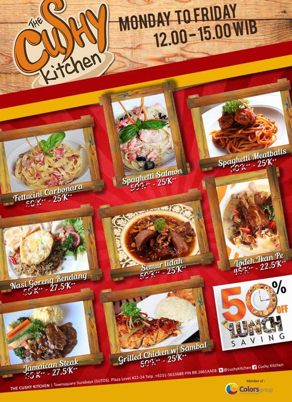cushykitchen's tweet photo. Let Lunch guys.. Get 50% OFF for lunch today till 3.pm at The Cushy Kitchen @sutossurabaya http://t.co/kf7ypGPncW