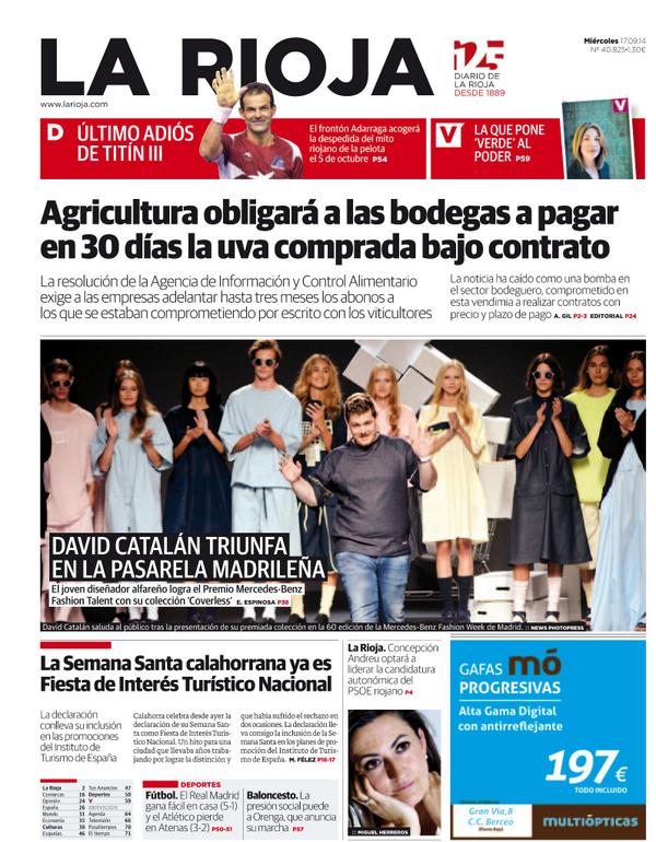 lariojacom's tweet photo. La foto de portada de Diario LA RIOJA es para el diseñador alfareño, ganador del Premio Mercedes-Benz Fashion Talent http://t.co/VajYh8lRIQ