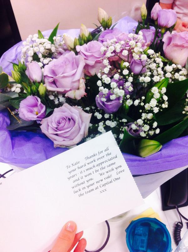 Kate__Oates's tweet photo. What a lovely surprise &amp; absolute treat to receive these from our clients at Capital One 💜 thanks lots @CapitalOneUK http://t.co/dWDo37srmV