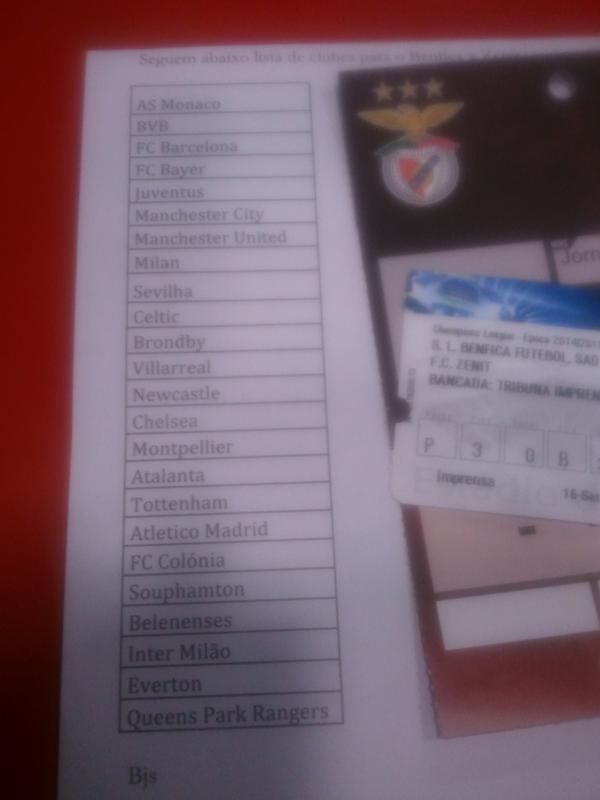 Official list of scouts at Benfica-Zenit yesterday. Usual suspects Barcelona, ManUtd, ManCity etc + ... QPR, Brondby!