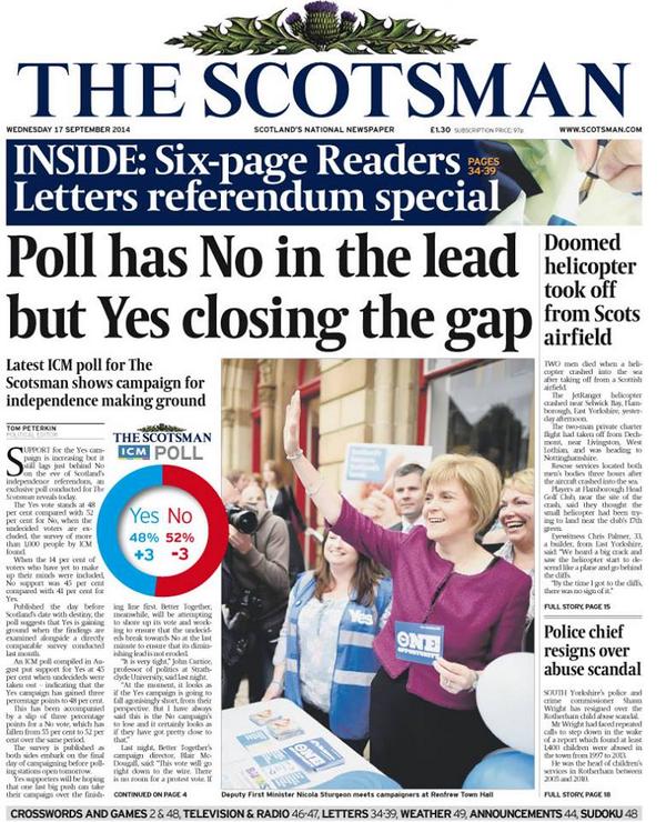 Scot_Commercial's tweet photo. Today's  Scotsman front page...vote closing in #indyref http://t.co/sziuohvcO5