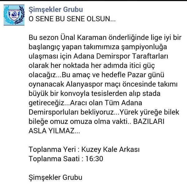 DemirsporMedia's tweet photo. Şimşekler Grubu açıklaması..

Pazar 16.30 Tesislerdeyik! http://t.co/Ie5eoGb3xp