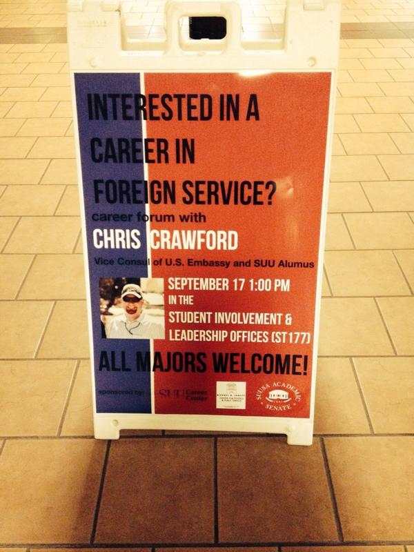suuleavittctr's tweet photo. @suutbird Ever wonder what career options are available to you in the foreign service? Join us today at 1 ...... http://t.co/jV4JvyzAw0