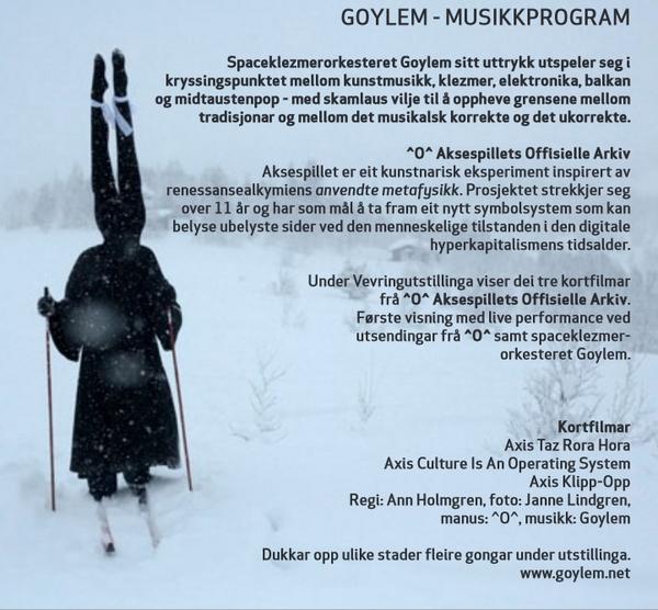 Goylemband's tweet photo. Space Klezmer Manifestasjon på Vevringutstillingen i Sundfjord &amp;  visning av de 3 første filmene fra ^O^ og Goylem http://t.co/E8c3EWfDmx