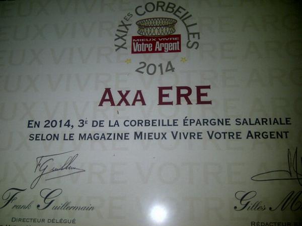 Corbeille Epargne salariale 2014 pour AXA ERE : 3 eme place