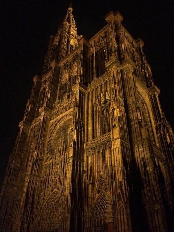 Here's the Strasbourg Cathedral at nighttime. Such an impressive building. #FranceVacation
