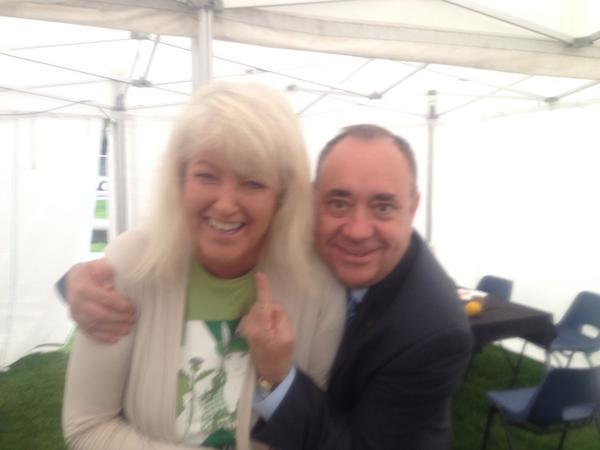 LesleyRiddoch's tweet photo. Alex Salmond in confident, playful mood at the Holyrood Media Village. Security guard muttered "he's brave." http://t.co/qDnEENkbmn