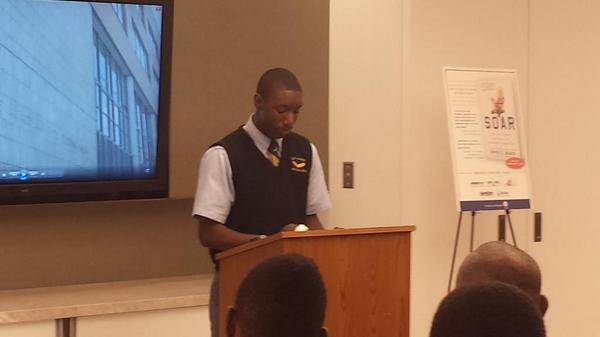 EAFNYC's tweet photo. Eagle Scholar makes remarks about his experience at Eagle Academy for Young Men. #SOARBook @OpenSociety @DoveSoars http://t.co/qYr8NtEUBD
