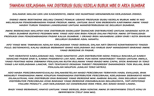 krapseis's tweet photo. permisi admin @infoSumbar, numpang nyebar info. ditawarkan kerjasama, hak distribusi susu kedelai bubuk MBE 01. http://t.co/53BJxHNiYJ