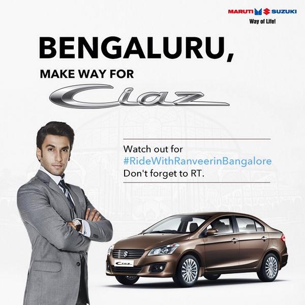 RanveerOfficial's tweet photo. Bengaluru, indulge in luxury with me on the 'elevated highway' in my @MarutiCiaz. #RT #RideWithRanveerInBengaluru http://t.co/jGrO9Lx2D8