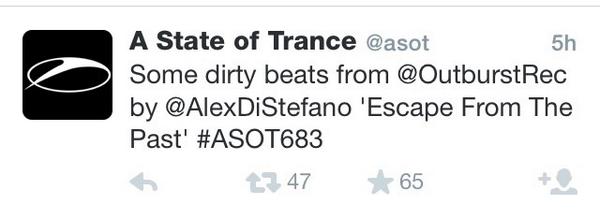 marksherry's tweet photo. Great to see @arminvanbuuren playing 'Escape From the Past' on #ASOT683 tonight @AlexDiStefano! ;) http://t.co/j0wjBpJcOn