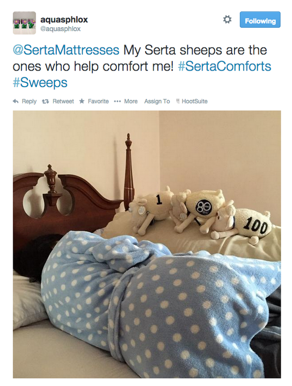 SertaMattresses's tweet photo. Help give @FisherHouseFdtn guests a good night's sleep! Share a pic of what comforts you w/ #SertaComforts + #sweeps. http://t.co/v2N0uI6Lp2