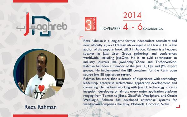 DevoxxMA's tweet image. #JMaghreb Speaker of the day:
@reza_rahman @Java_EE/@glassfish evangelist, author of the popular book #EJB3 in Action